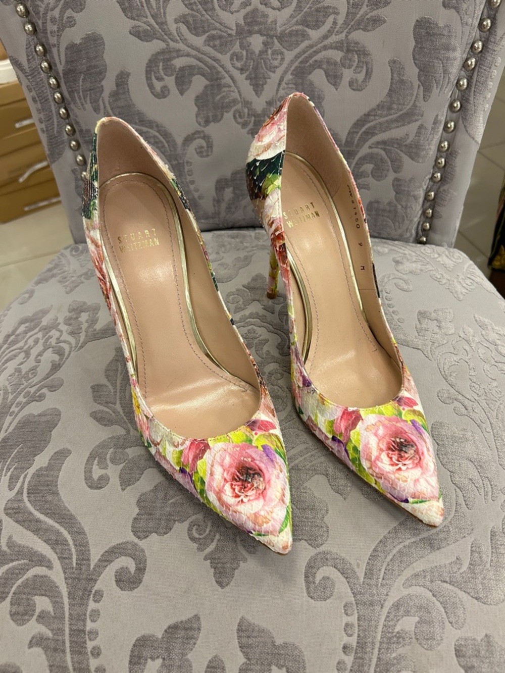 Stuart Weitzman Pink Floral Pointed-Toe Stiletto Pumps…Painted Python
